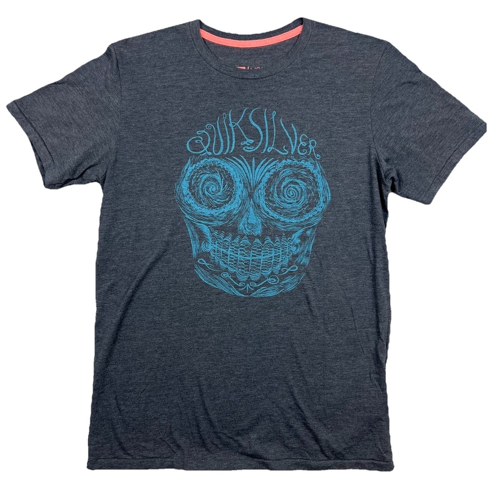 Quiksilver‎ Graphic T Shirt Mens Large Grey Blue Skater Short Sleeve Sugar Skull
